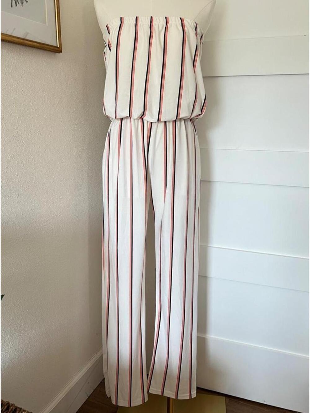 EXIST Strapless Striped Wide Leg Jumpsuit